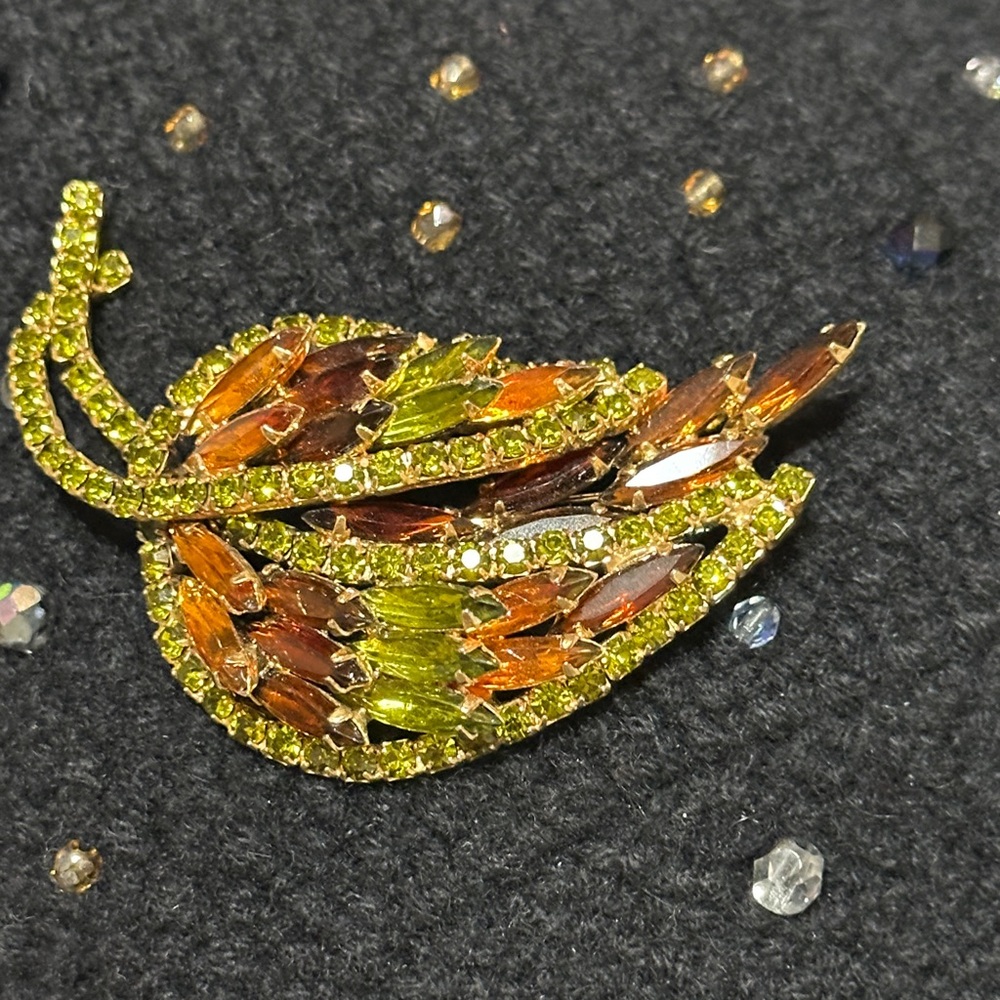 Sparkling Rhinestone Large Amber,Green,Orange Leaf Brooch - 3” x 1 5/8”